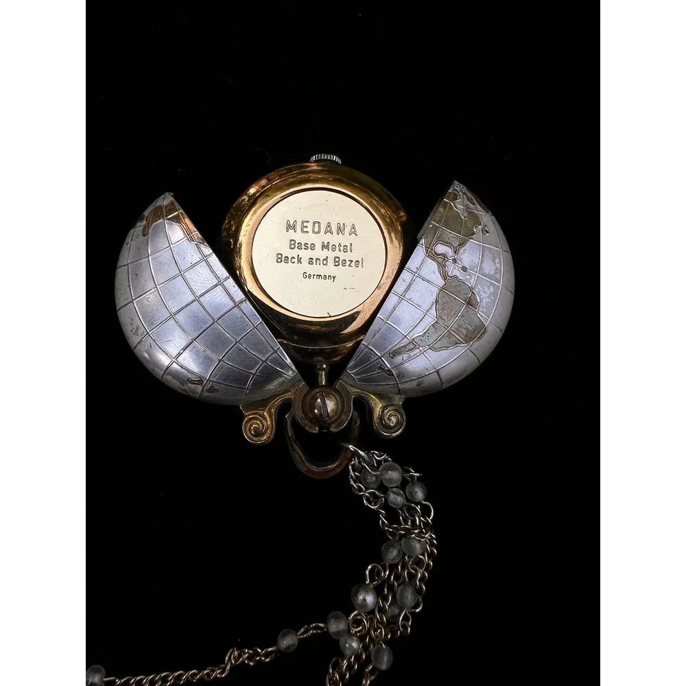 Rare Vintage Medana Xtensa Globe Pocket Watch Swiss Mechanical Clamshell
